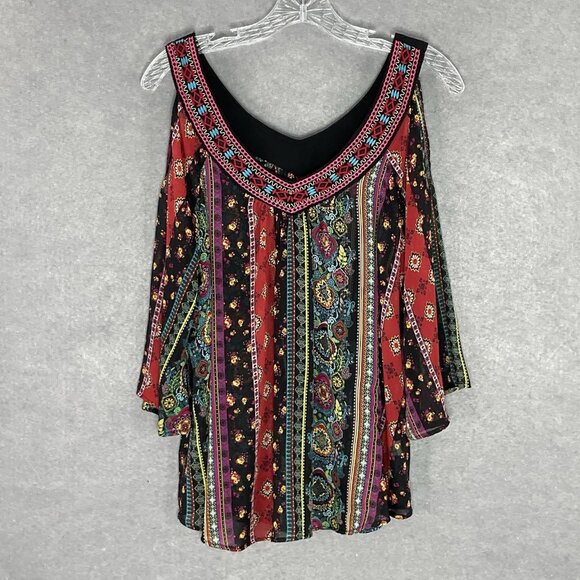 No Boundaries Top XL Floral Colorful Bold Open Shoulder Embroidery V-Neck Aztec - Picture 1 of 15